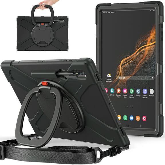 Allytech for Samsung Galaxy Tab S8 Ultra Case 14.6" SM-X900 X906, Rugged Hybrid Heavy Duty Shockproof Rotating Kickstand Shoulder Strap Cover Case for Samsung Galaxy Tab S8 Ultra 14.6" - Black