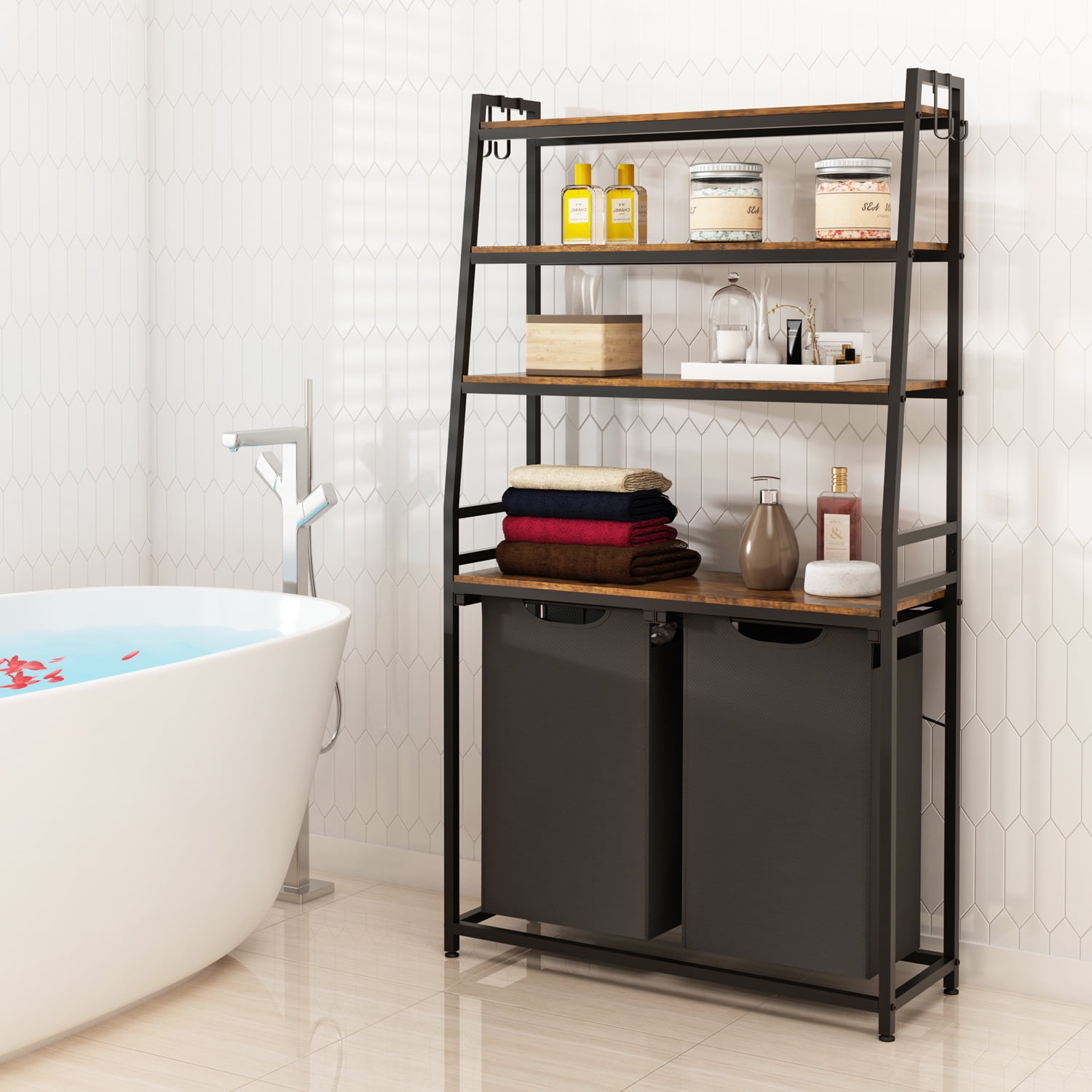 LENLN Laundry Hamper, Laundry Basket Sorter with 4 Tiers Shelf and Hooks, Double Clothes Hampers for Bathroom, Bedroom