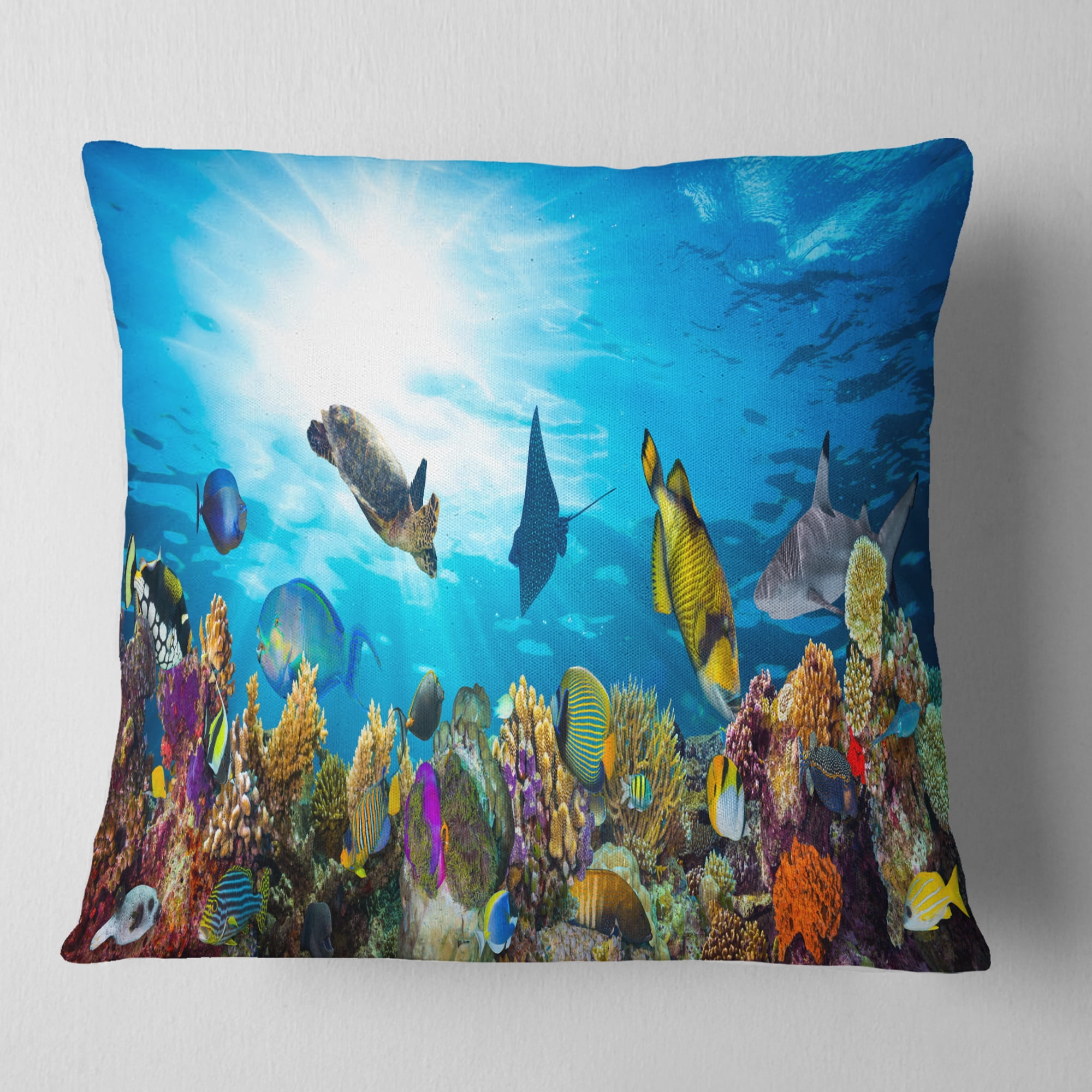 Designart Colorful Coral Reef with Fishes - Seascape Throw Pillow - 18x18