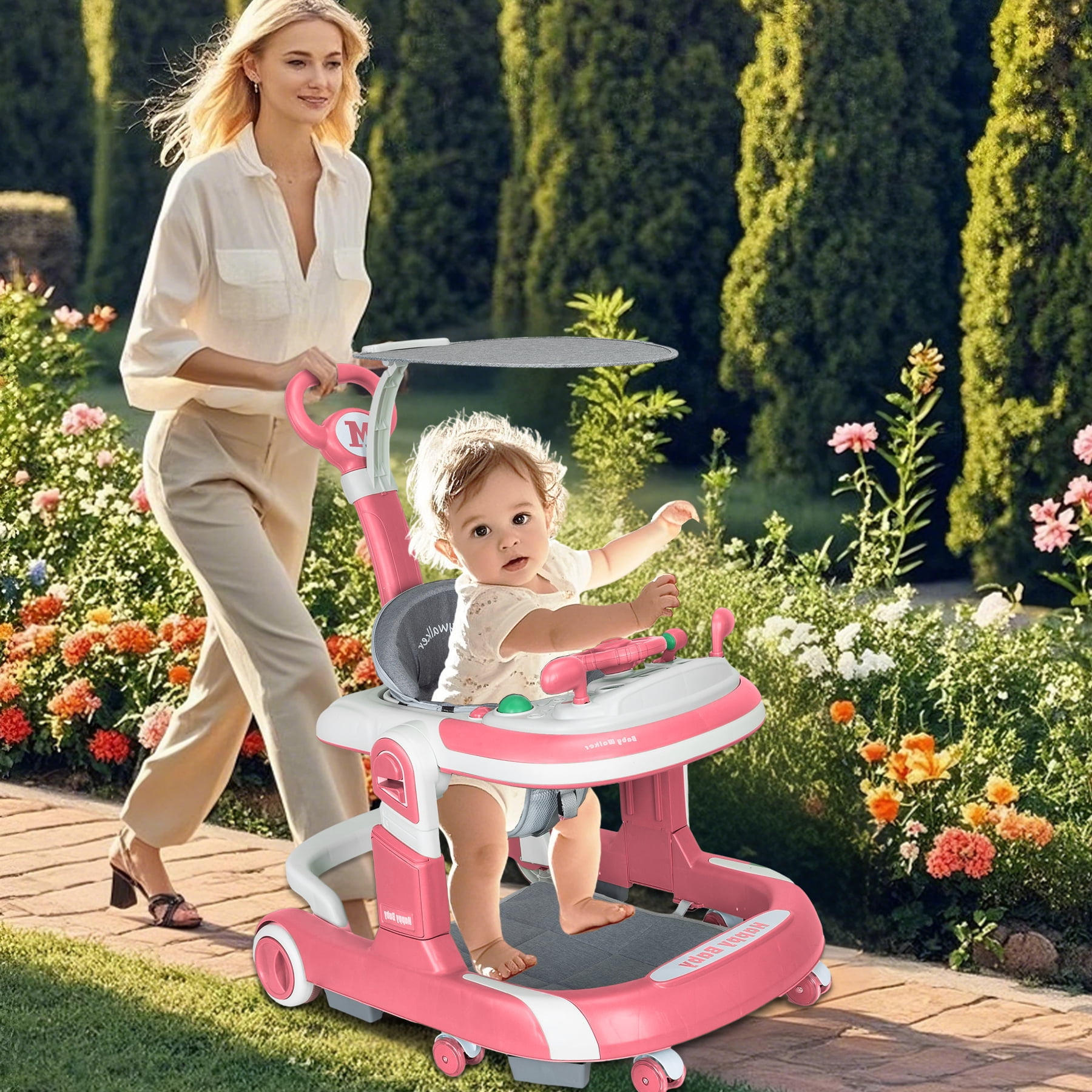 RICHYOUNG 5-in-1 Foldable Baby Walker with Wheels Music,Height-Adjustable Push Walker for Girl(Pink)