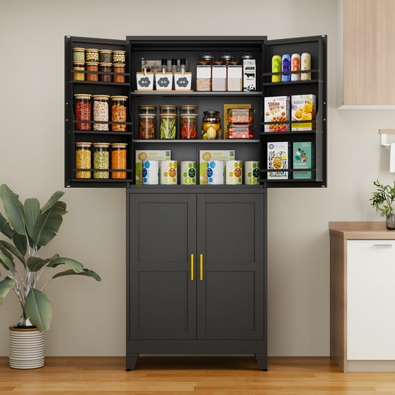 Ero Tall Steel Pantry Cabinet with 4 Doors and Adjustable Shelves for Kitchen Storage Black