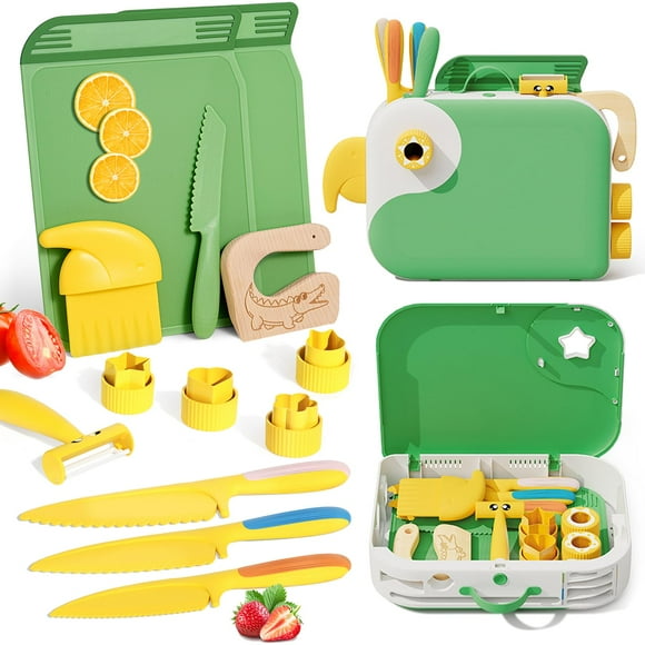 Herramientas de cocina Montessori Lullulii para niños pequeños, cuchillos para cocinar de verdad, juego de cuchillos con caja de almacenamiento, cuchillos seguros para niños, juego de corte para niñas
