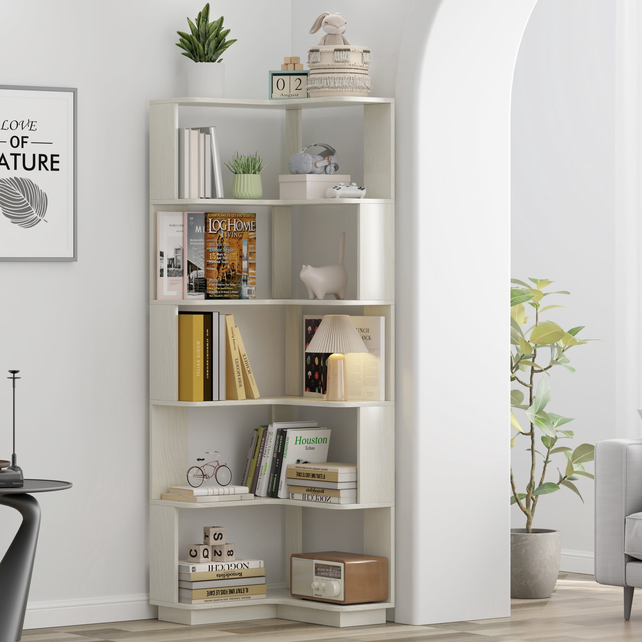 Noble House Vayen 65" L-Shaped Corner Bookshelf, 6-Tier Anti-Drop Wooden Bookcase, Open Storage Rack, White Oak