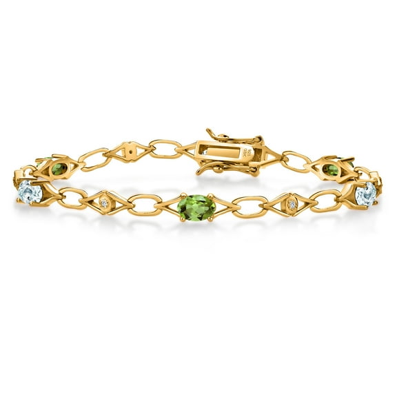 18K Yellow Gold Plated Silver Green Peridot and Sky Blue Aquamarine and Round White Lab Grown Diamond Tennis Bracelet for Women (3.04 Cttw, Gemstone Birthstone, Oval 6X4MM, 7.25 inches)