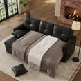 thumbnail image 3 of Muumblus Convertible Pull Out Sofa Bed, L-Shaped Sectional Sleeper Couch with Storage Chaise, Vintage Faux Leather Look, Black Polyester Fabric, 3 of 11