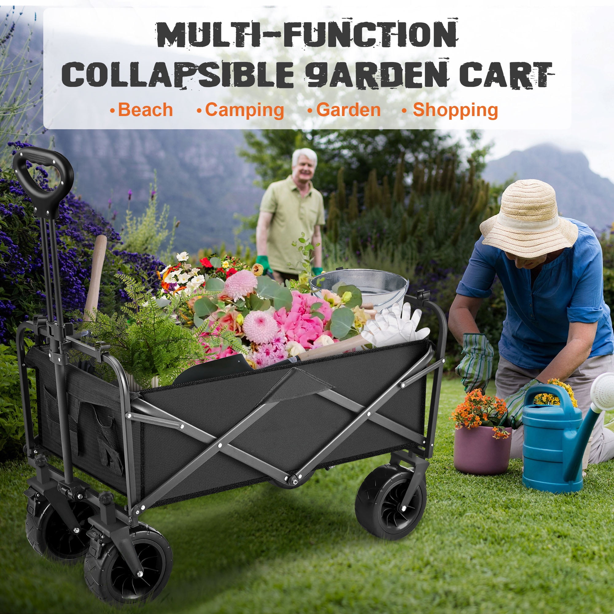 Qunler 560lbs Collapsible Folding Wagon, Big Bucket Beach Cart,  Heavy Duty Large Capacity Garden Wagon with Multi-Terrain Brake Wheels for Outdoor Camping, Shopping, Sports, Grocery, Kids, Black