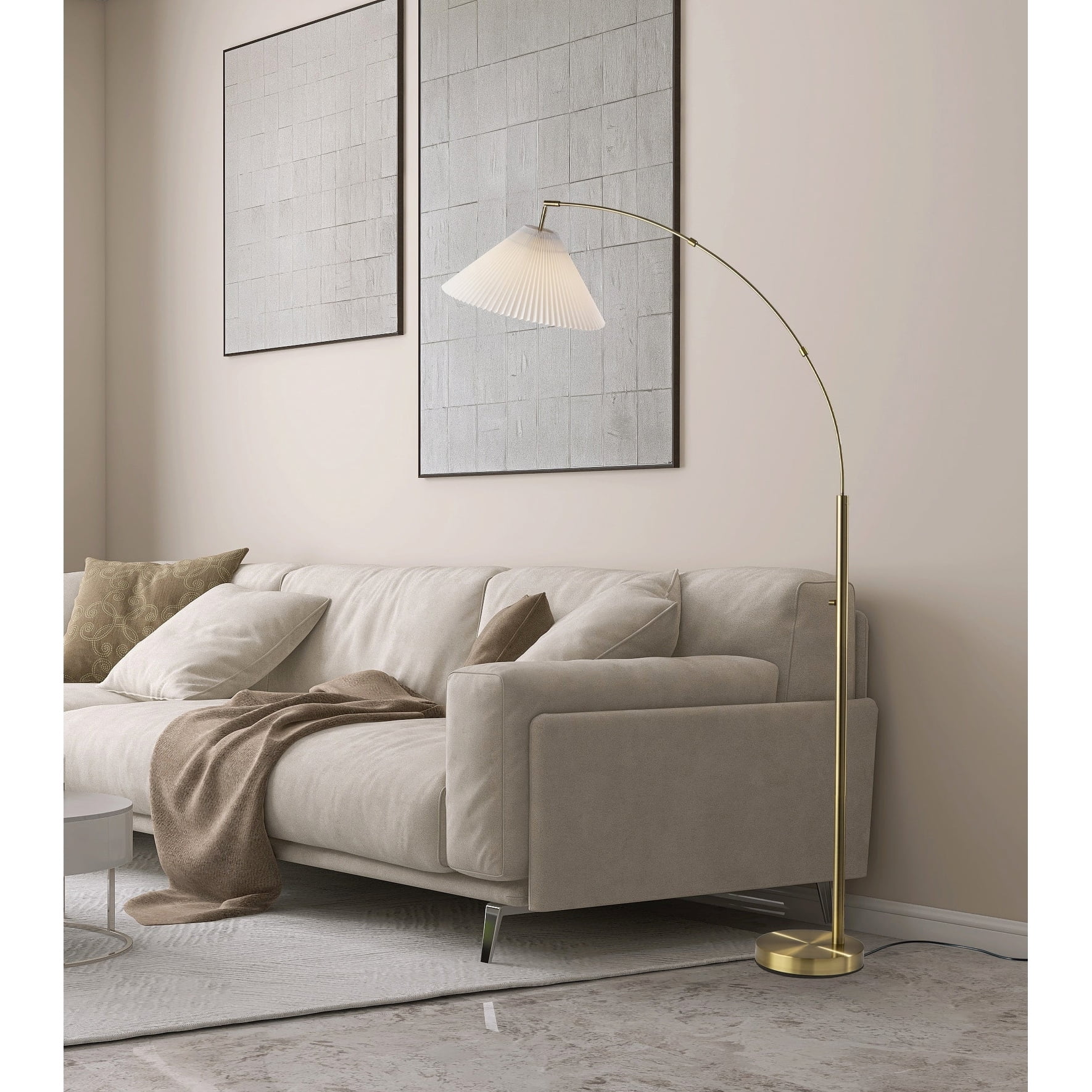 Adesso Delaney 76" Antique Brass Arc Floor Lamp with Off-White Pleated Tapered Shade