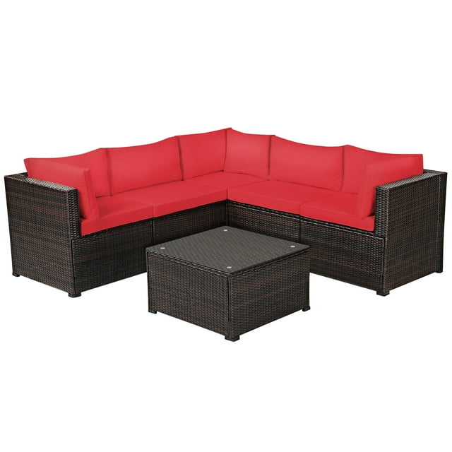 Patiojoy Ensemble de Mobilier de Patio en Rotin 6 Pcs Ensemble de Conversation en Osier d'Extérieur avec Table Basse en Verre Trempé Rouge
