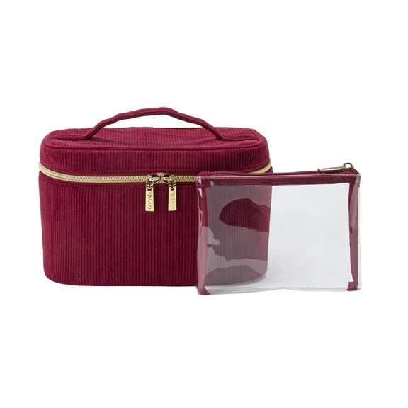 Conair Burgundy Cord Train Case, Travel Makeup Bag with Clear Pouch, 2-Piece Set