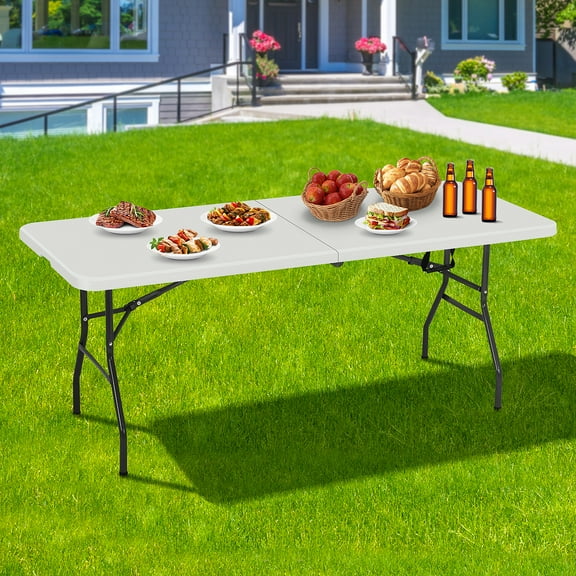 XF XINFENG 6FT Folding Table Plastic Portable Camping Picnic Table with Handle, Indoor Outdoor Dining Table for Party, Backyard Events, White