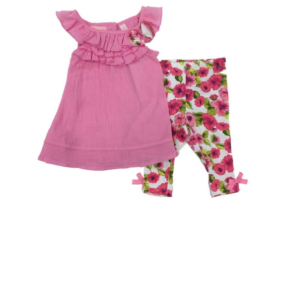 Infant Toddler Girls Pink Linen Ruffle Tank Top & Floral Legging Outfit