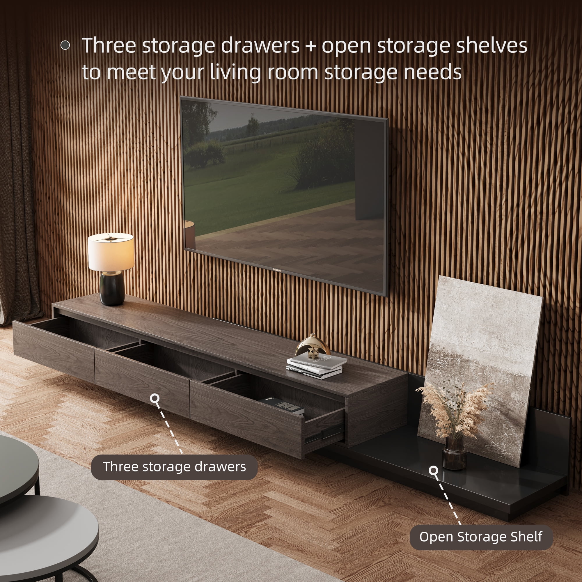 NessCarsti Mid-Century Modern TV Stand for 100" TVs, 78.7"-130"Black Walnut Console with Storage