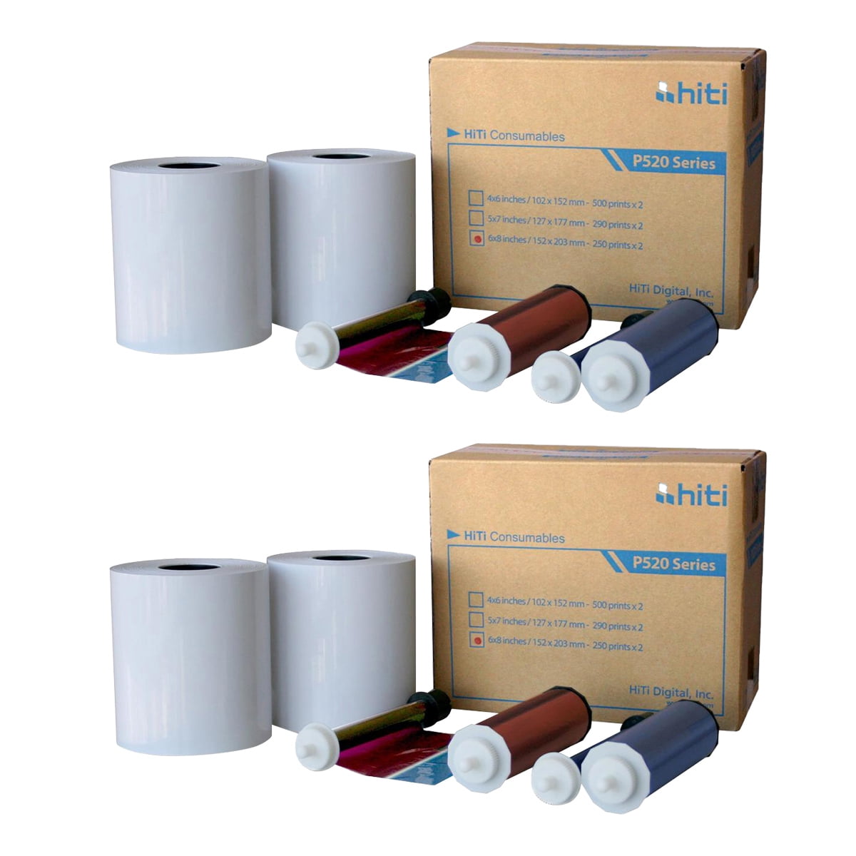HiTi 6x8" Ribbon and Paper Case for P520 Series Photo Printers, 2 Ribbons and 2 Paper Rolls, 250 Prints Per Roll, 500 Prints per Case BUNDLE