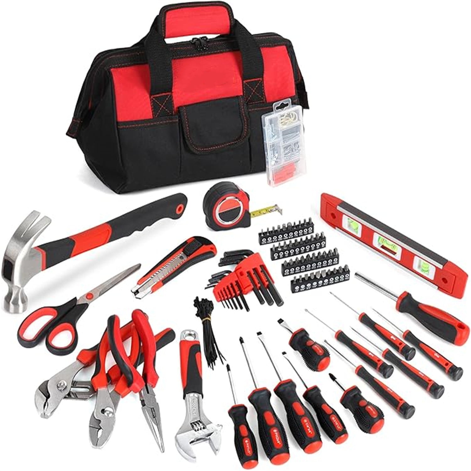 220-Piece Home Tool Set, Household Repairing Tool Kit, with 12-Inch Wide Mouth Open Storage Tool Bag, Red