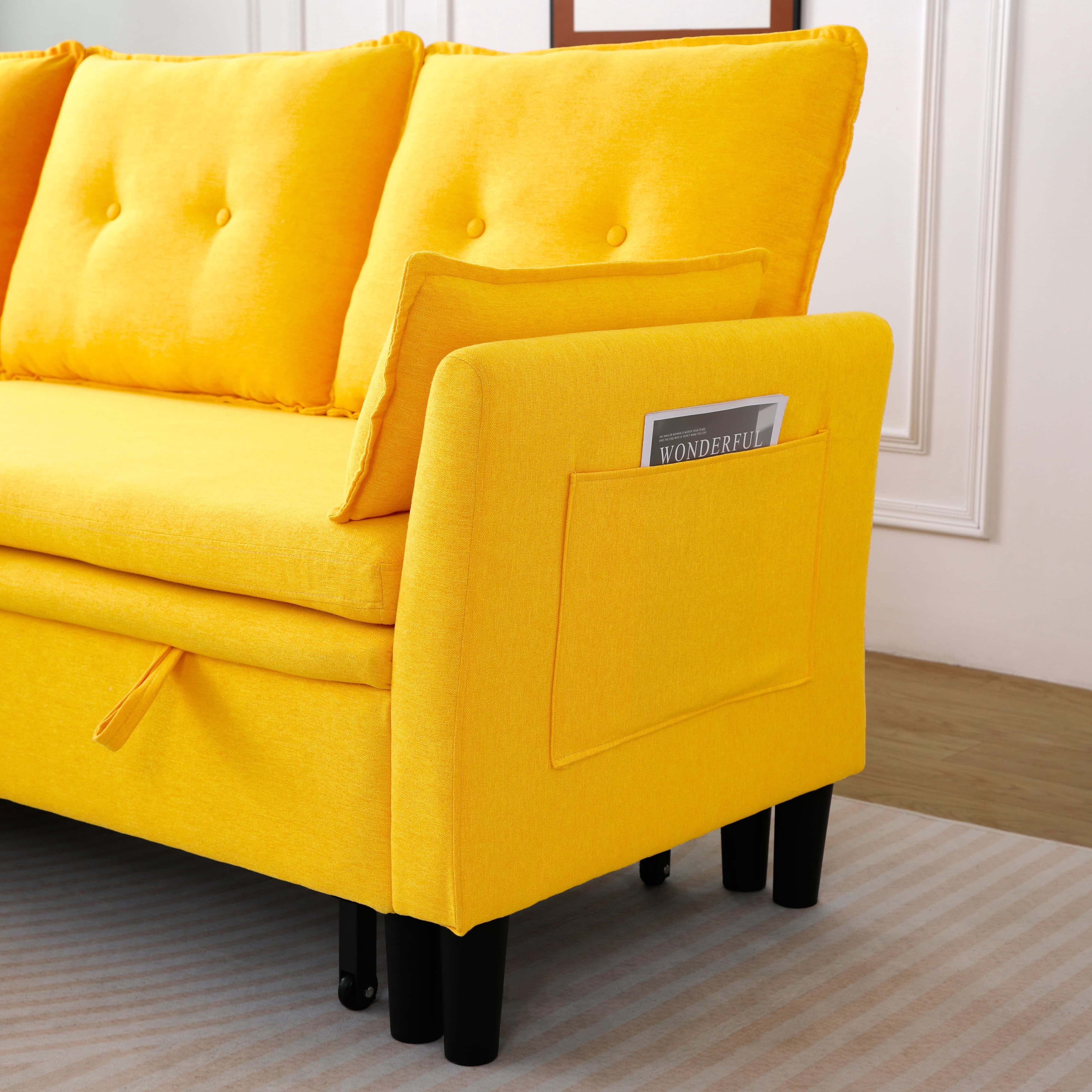 MAYEERTY L-Shaped Reversible Chaise Sectional Sofa Linen Sofa Bed with Storage, for Apartment, Yellow