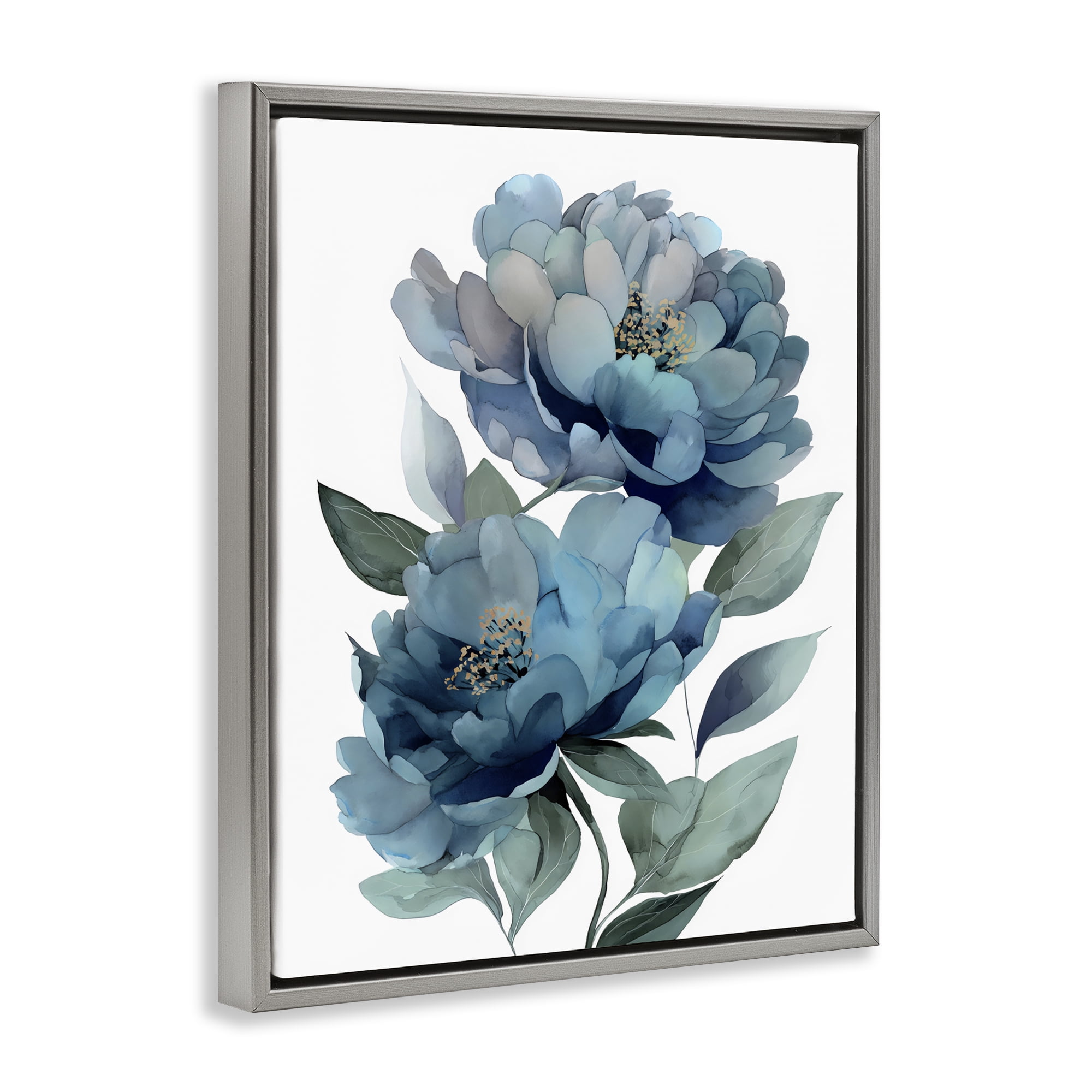 Stupell Industries Two Blue Flowers Serene Peonies Gray Framed Floater Canvas Wall Art, design by Franklyn Gregory