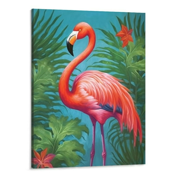 Creowell Flamingo Canvas Wall Art Green Tropical Plant Orange Floral Painting Canvas Prints Animal Picture Framed Posters Hanging Artwok for Home Living Room Bedroom Decoration 16x20 inch