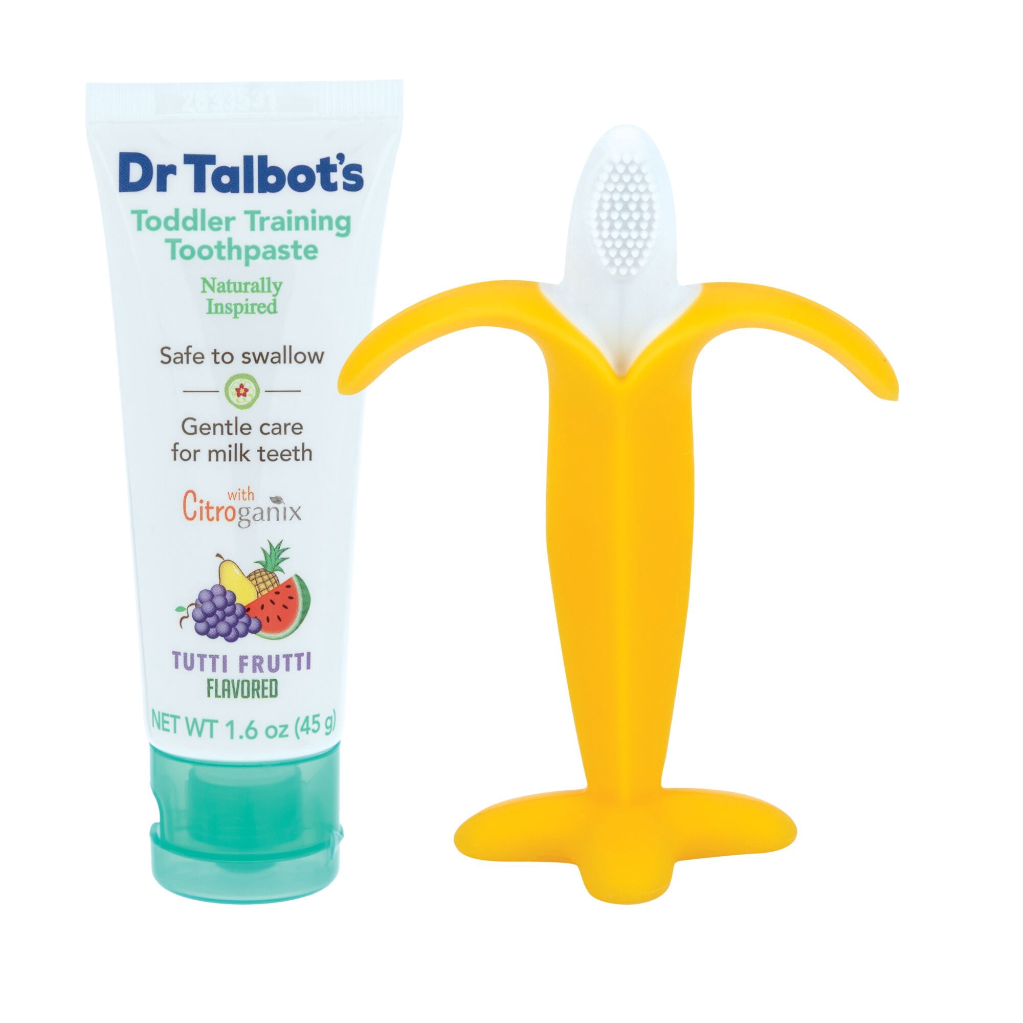 Dr. Talbot's Toddler Training Toothbrush and Natural Kids Toothpaste with Citroganix - 1.6 oz - Fluoride-Free Toothpaste and Toddler Toothbrush - 6+ Months - Banana