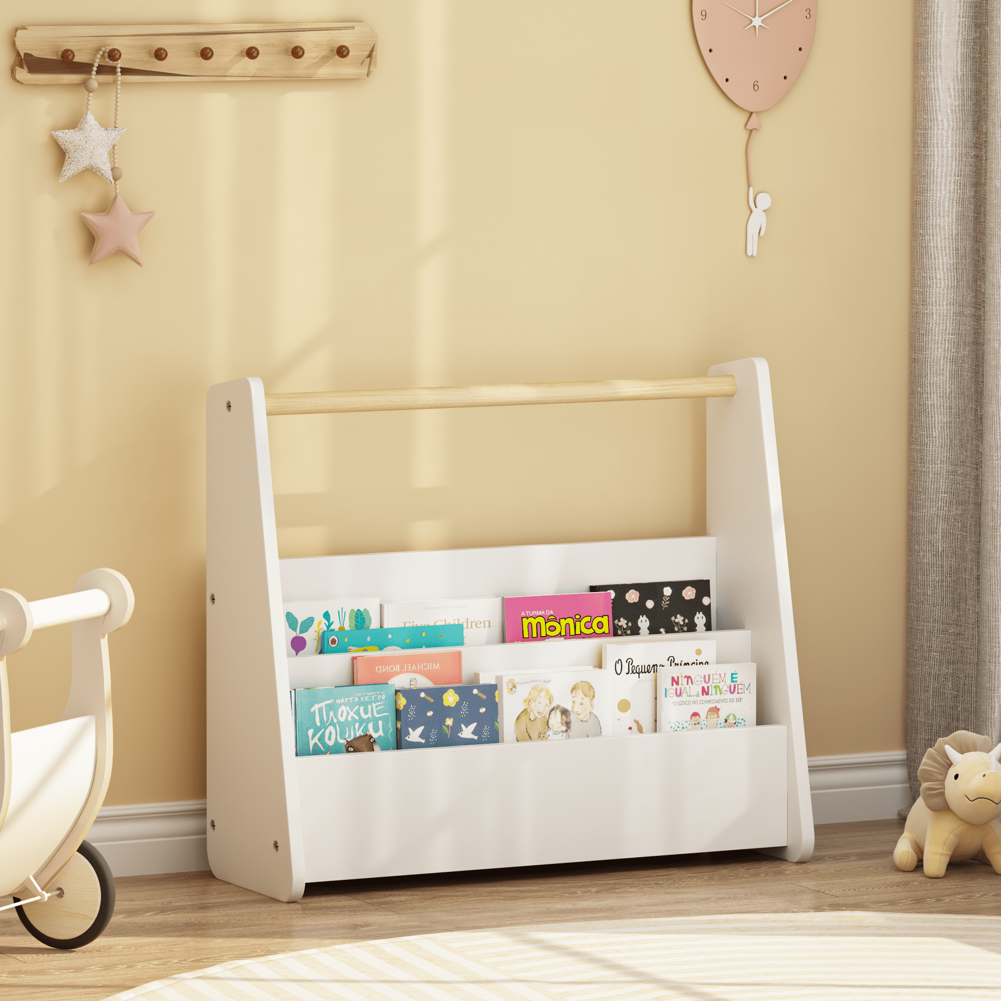 Kids Bookshelf with Wooden Handle, 2-Tier Front-Facing Toddler Bookcase, Portable Children's Book Storage Organizer for Bedroom, Playroom, Nursery, or Classroom, White