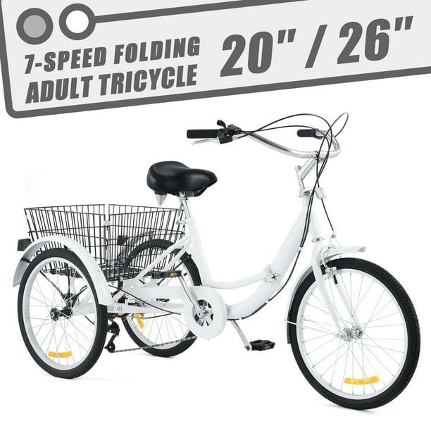 26" 7 Speed Tricycle for Adults Foldable Steel Trike w Rear Basket Bell