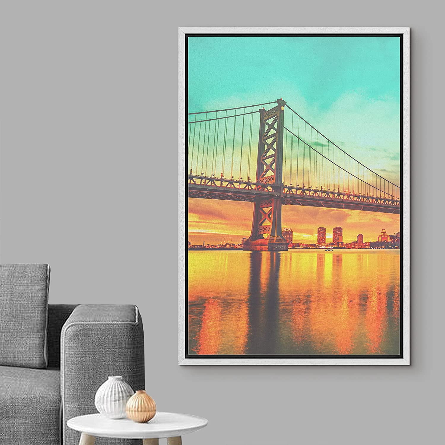 Wall26 Framed Canvas Print Wall Art Bridge at Sunset with City Horizon