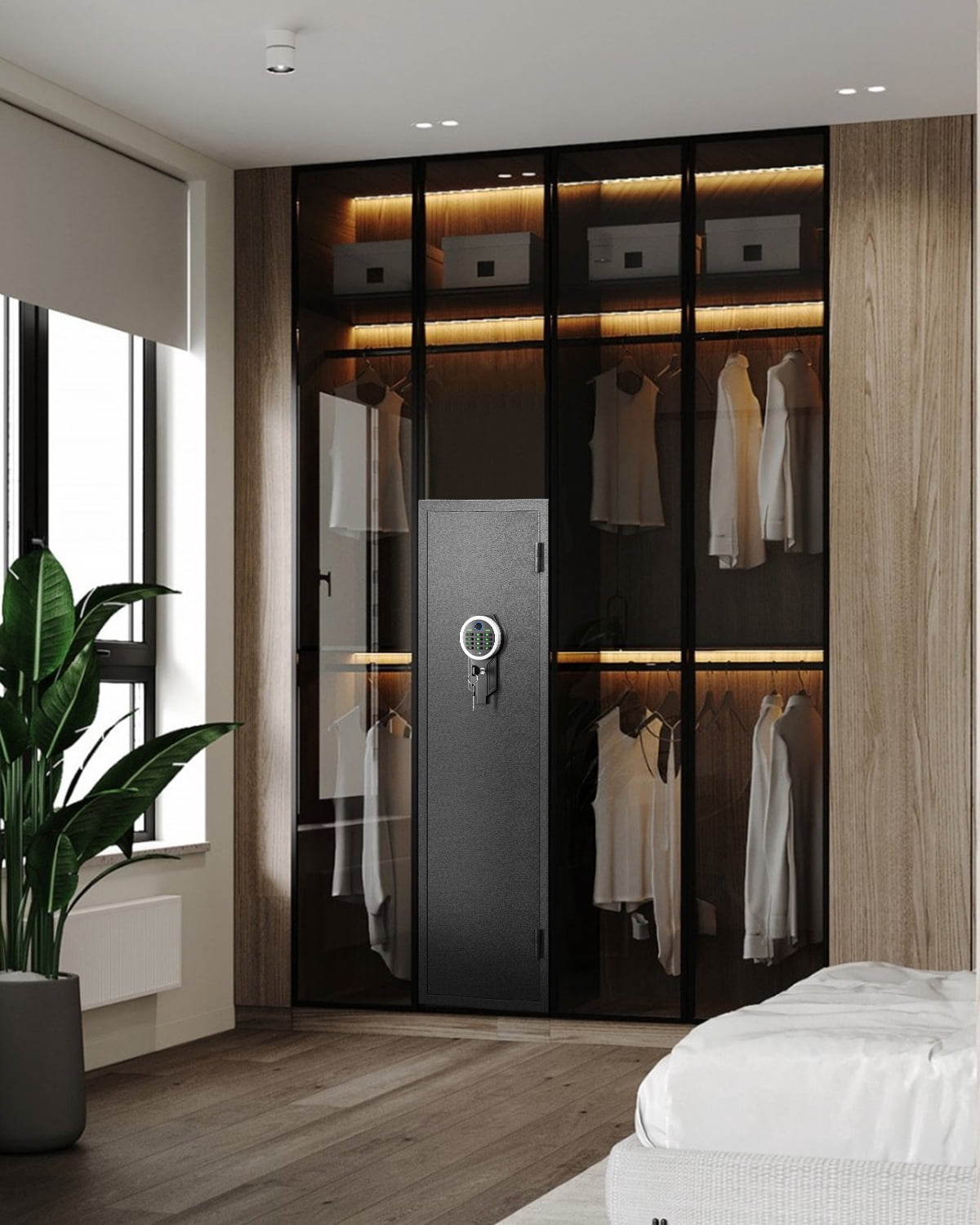 Riflewell 4-5 biometric gun safe, a long gun cabinet for household shotguns, pistols, and shotguns, equipped with detachable partitions, fire and smash resistant, dual alarm and silent modes
