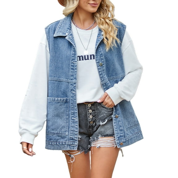 Defitshape Women's Soft Denim Vest Jean Top Sleeveless Tank Top Denim Button Slimming Drawstring Pocket Hooded Vest Blue X-Large