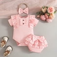 thumbnail image 4 of WRKEKC Baby Girl Romper 3 Piece Set Short Flutter Sleeve Soft Ribbed Bodysuit Bow Shorts Headband for Infants 0-18 Months, 4 of 9