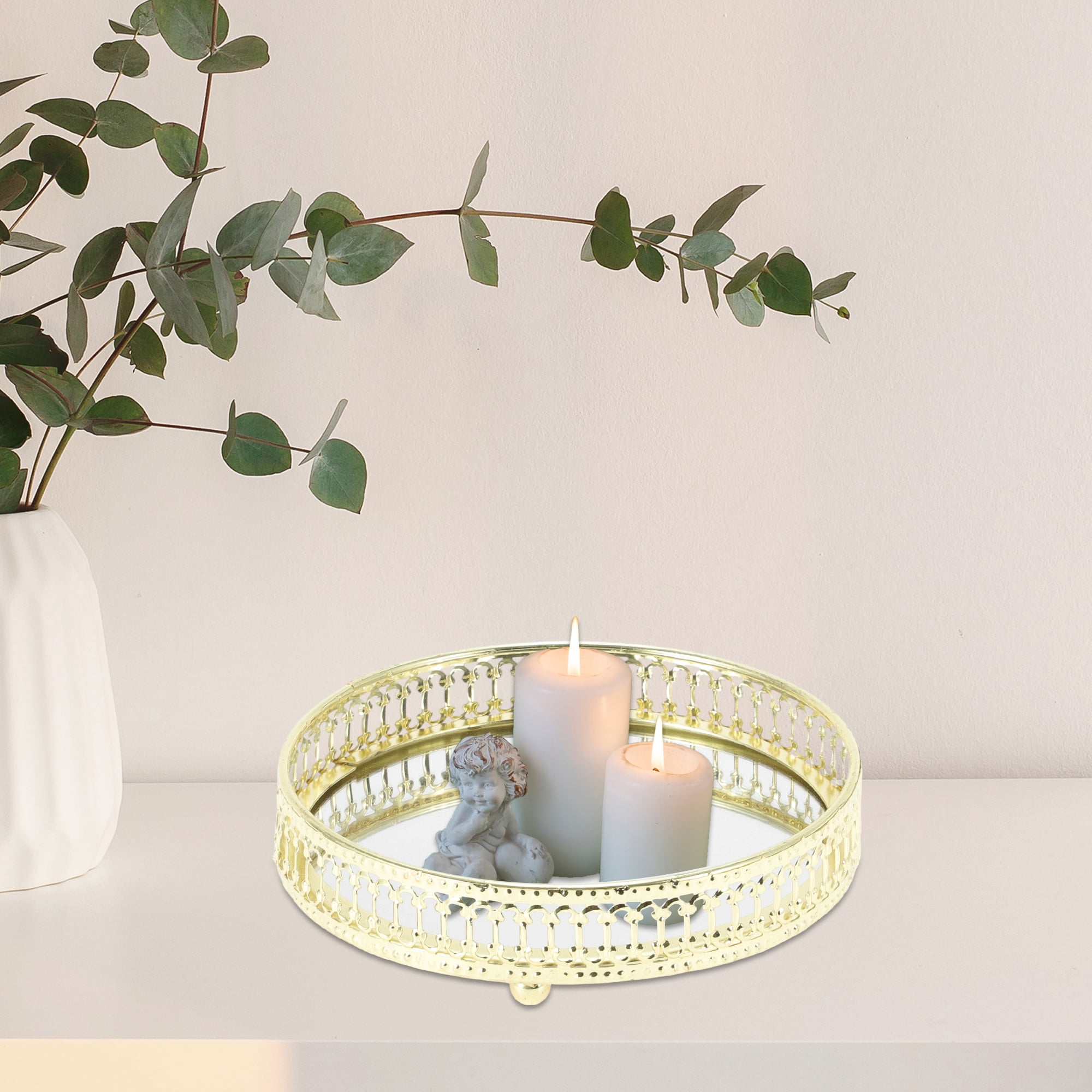 Unique Bargains Round Metal Perfume Tray Glass Candle Cosmetic Decorative Tray