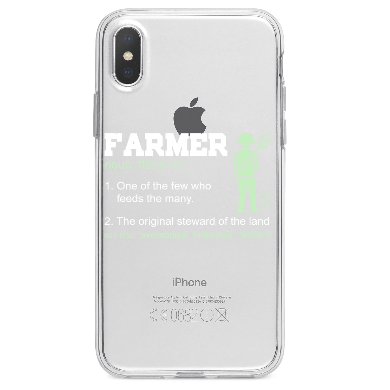 DistinctInk Clear Shockproof Hybrid Case for iPhone XS Max (6.5" Screen) - TPU Bumper Acrylic Back Tempered Glass Screen Protector - Farmer Definition - Few Who Feeds Many