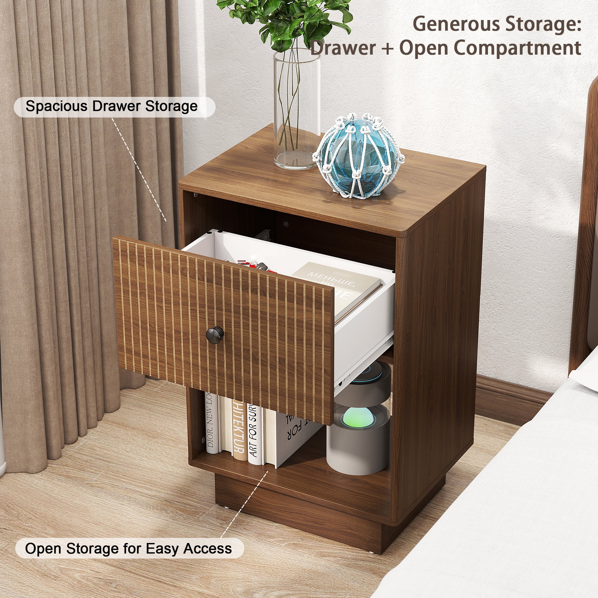 Fluted Nightstand Set of 2, Mid Century Bedside Tables with Drawer & Storage, Small End Tables for Bedroom, Walnut