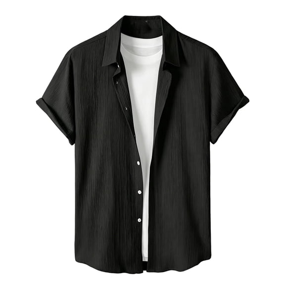 FAWUUDO Men's Casual Short Sleeve Button Down Collar Breathable Loose Quick Dry Solid Color Shirts Black
