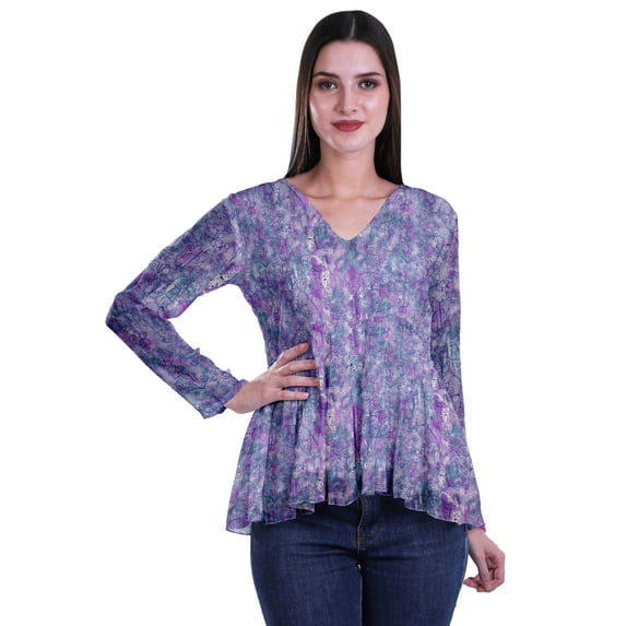 Moomaya Empire Waist Top Printed Dress V-Neck Full Sleeve Tunic Peplum Top For Women
