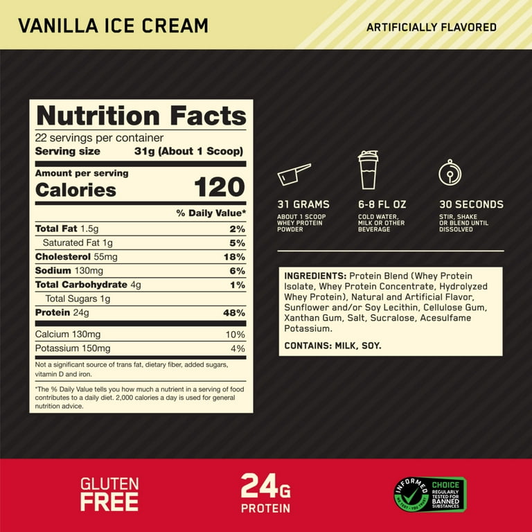 Optimum Nutrition, Gold Standard 100% Whey Protein Powder, Vanilla Ice Cream 1.5lb Tub