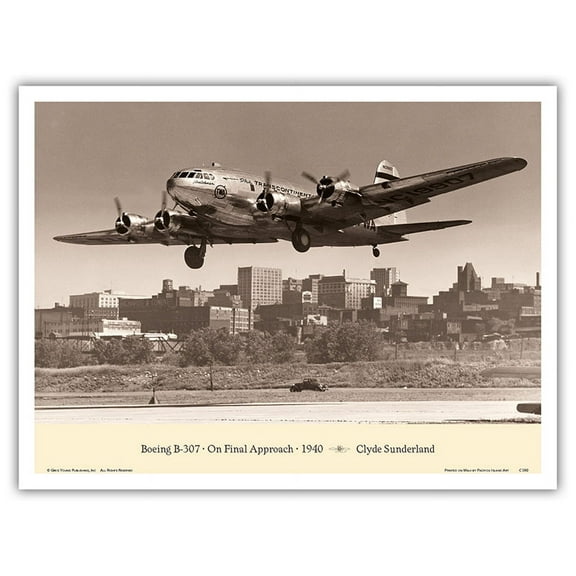 The Zuni (Boeing Stratoliner 307) - On Final Approach 1940 - Vintage Aviation Poster by Clyde Sunderland - Master Art Print (Unframed) 9in x 12in