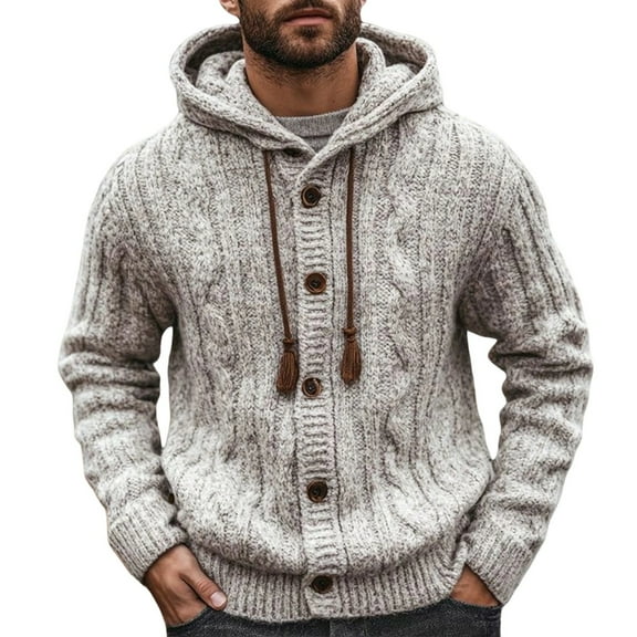 Mrmaere Men's Hooded Knit Cardigan Button-Front Cable-Knit Detail Warm Stylish Outerwear for Daily & Leisure Gray L