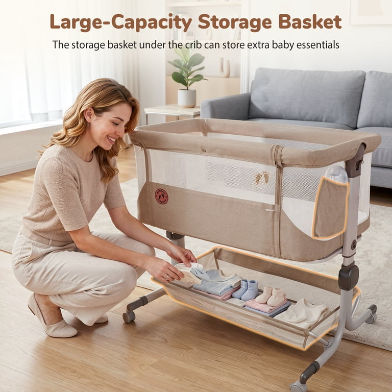 Vipuse 3-in-1 Bedside Bassinet with Storage, Oatmeal photo 3