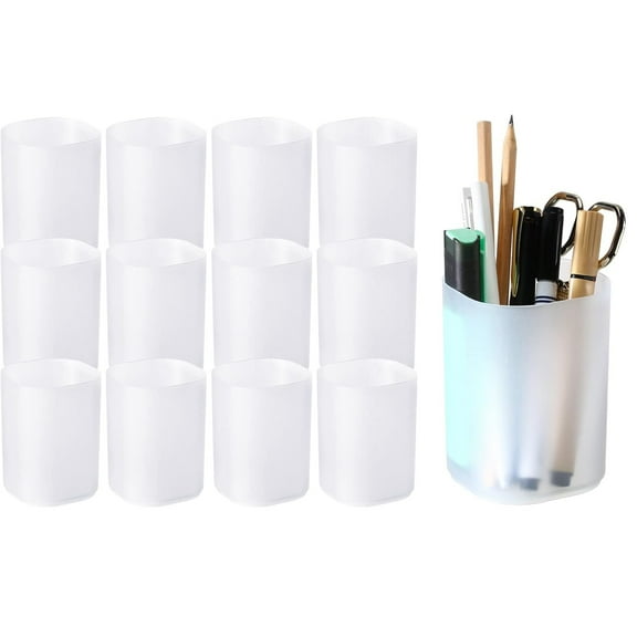 12 Pcs Translucent White Plastic Pen Holder Bulk Pencil Storage Cup Makeup Marker Holder Organizer for Desk Pen Container for Stationery Cosmetics Marker Crayons Office Home
