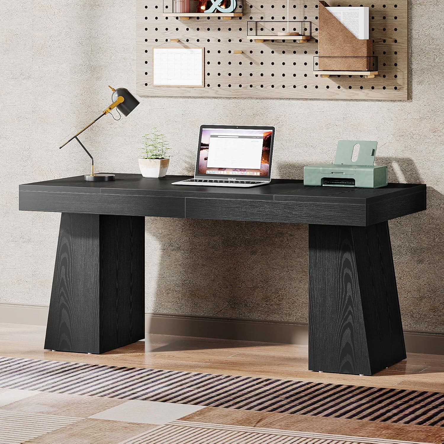 Tribesigns 55" Home Office Desk, Mid-Century Modern Executive Desk, Wood Computer Desk, Black