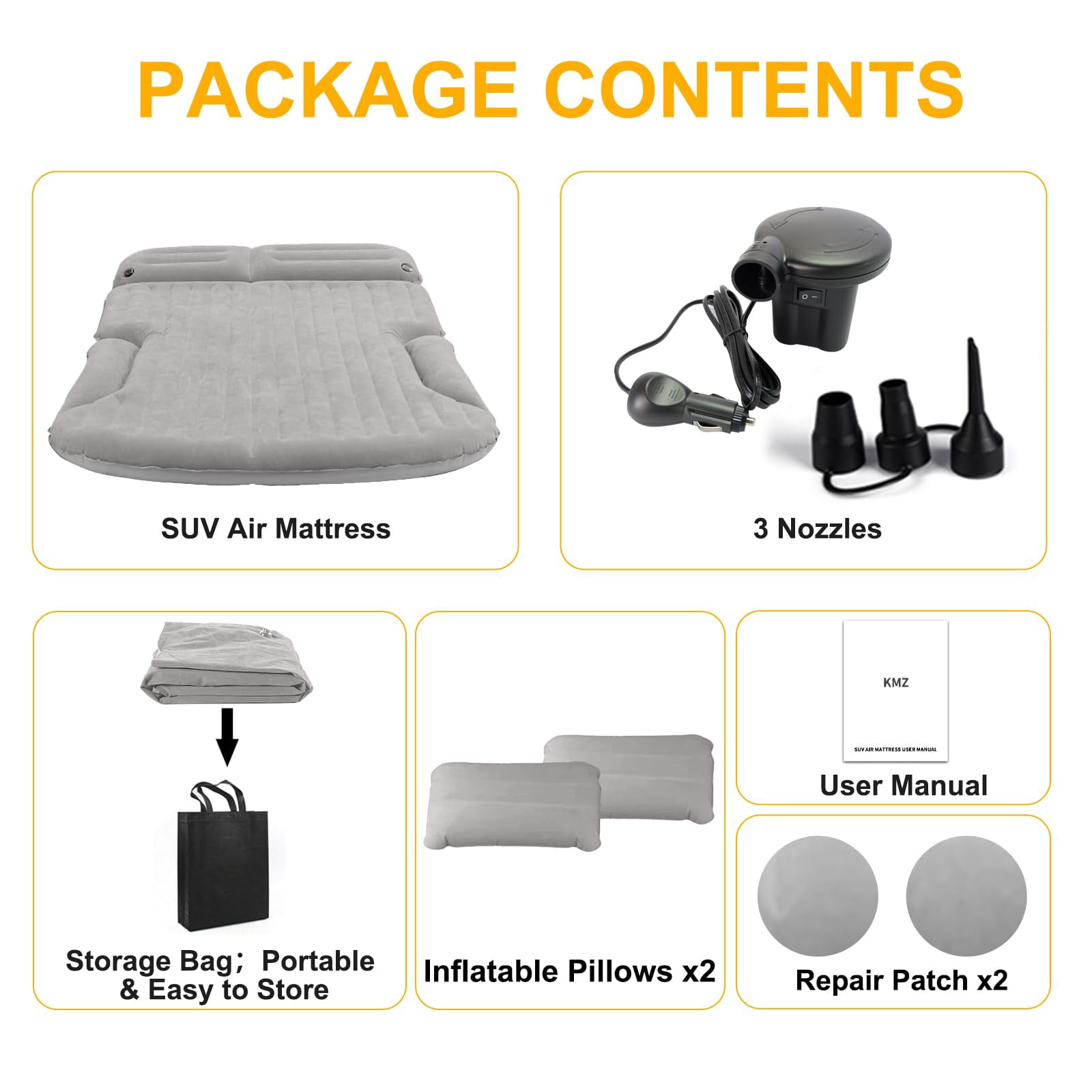 QDH SUV Air Mattress Thickened and Double-Sided Flocking Travel Camping Bed with 2 Pillows & Electric Pump Dedicated Mobile Cushion Inflatable Bed for SUV Trunk and Rear Seat (Light Gray)