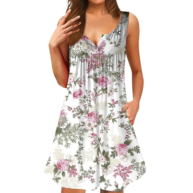 Mefallenssiah Robes d'Été pour Femmes 2023 Col Rond Imprimé Sans Manches Robes Tuniques Grande Taille Robes T-Shirt