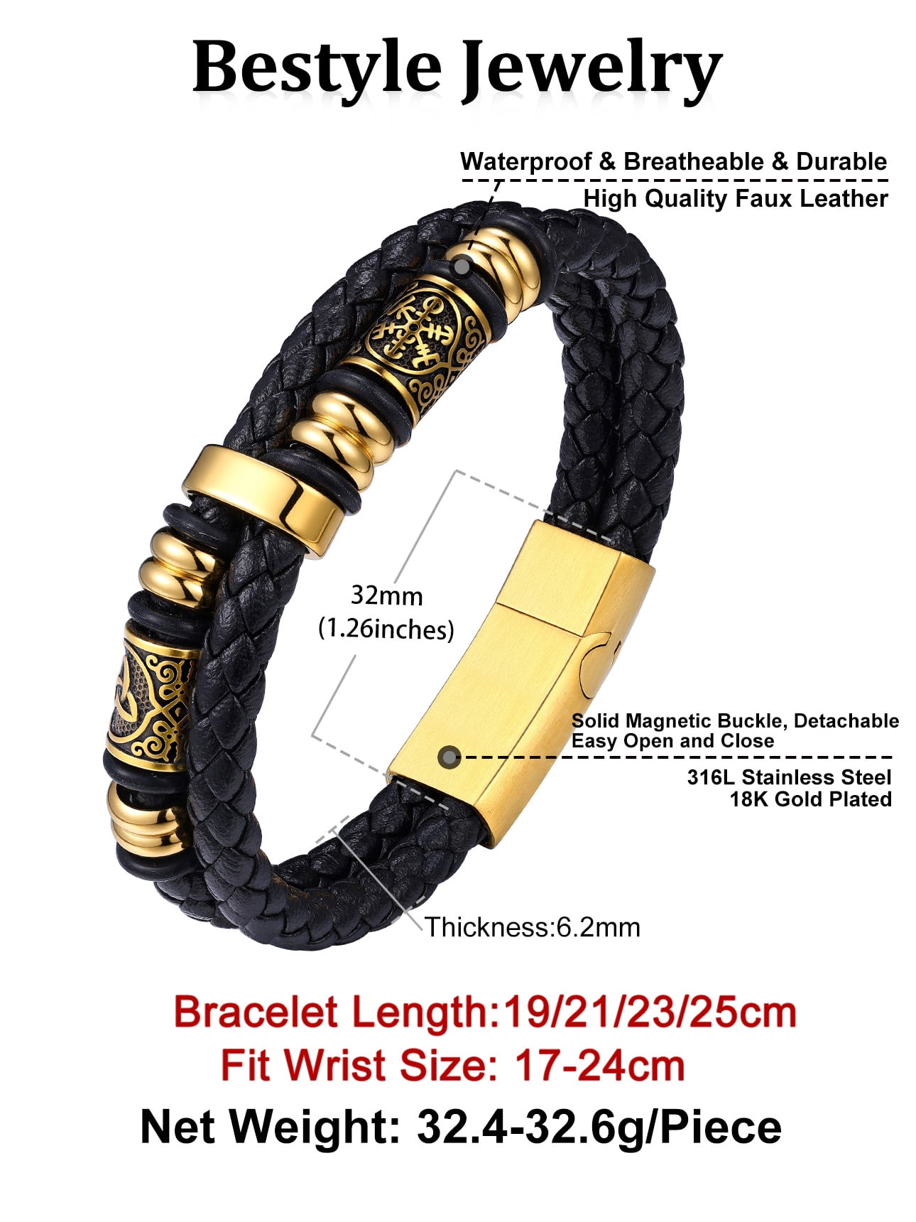Bestyle Gold Plated Leather Bracelets for Men, Fashion Stainless Steel Celtic Beaded Wristband Gifts for Birthday Valentine's Day, 8.3 Inch