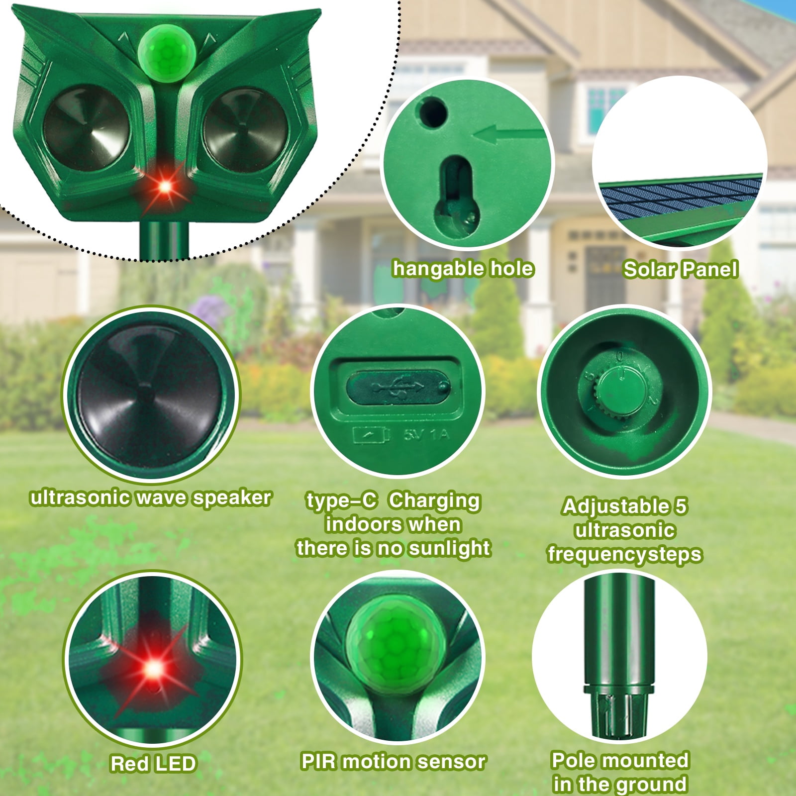 JINYI Solar Animal Repeller  Powered, Ultrasonic Repellent Outdoor with Motion Detection, with LED Flash Light, Effective Repels Invasive Animals for Raccoon, Skunk, Dog