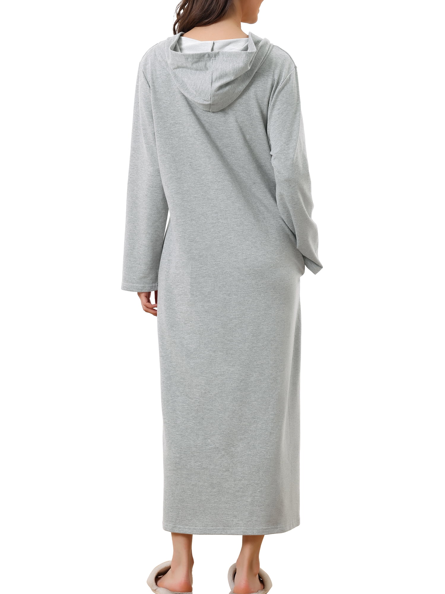 Unique Bargains Womens Robe Zip up Hooded House Dress Nightshirt Hoodie Long Bathrobe XL Grey