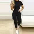 thumbnail image 4 of sunsanly 2Pcs/Set O-neck Short Sleeve High Waist Pockets Sports Outfit Solid Color Crop Top Drawstring Pants Matching Set, 4 of 8