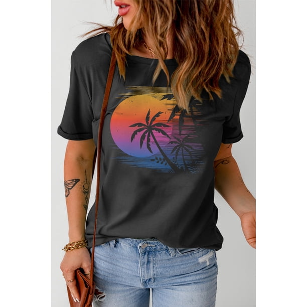 ABPHQTO Camiseta de manga corta con estampado gráfico de puesta de sol en la playa negra para mujer