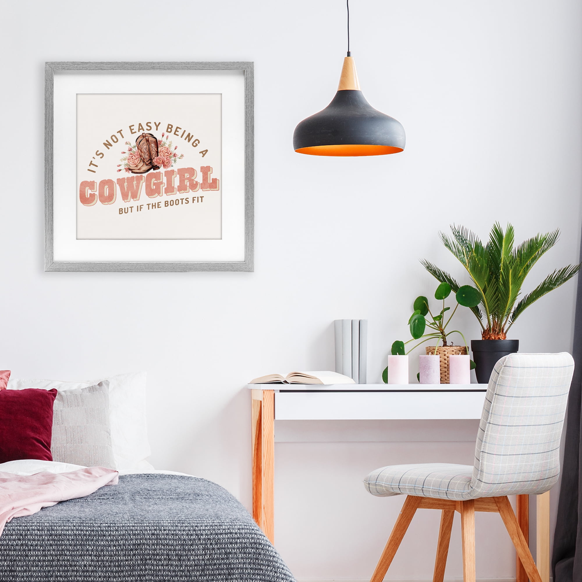 Not Easy Being Cowgirl Gray Framed Print Under Glass, design by Kim Allen