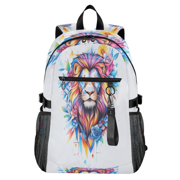 Full‑Print Casual Laptop Backpack, 20L Water‑Resistant Twill Tote Daypack with 14 Inch Computer Compartment for School Business Travel Color Art Cool Lion