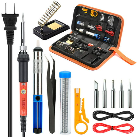 Soldering Iron Kit Electronics, Yome 14-in-1 60w Adjustable Temperature Soldering Iron with ON/OFF Switch, 5pcs Soldering Iron Tips, Desoldering Pump, Tweezers, Stand, Solder, PU Carry