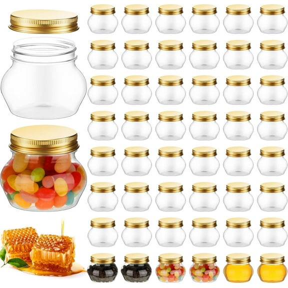 60 Pcs 4 oz Clear Plastic Jars with Lids Wide Mouth Mason Canning Jars Mini Storage Containers Bulk for Herb Jelly Wedding Favors Shower Party Favors(Gold)